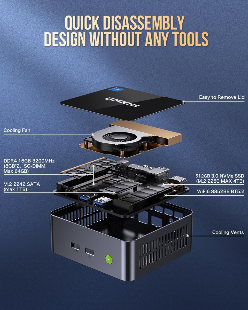GMKtec Mini PC Intel Core i7-1185G7 (up to 4.8 GHz) 16GB DDR4 512GB SSD Desktop Mini Computers WiFi 6, BT 5.2/ DP, HDMI/RJ45 2.5G/USB4.0