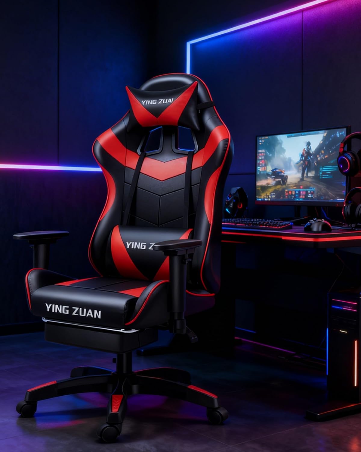 Ergonomic Gaming Chair with Latex Seat, High Back Computer Office Chair with Speakers & Massage Lumbar Support, 3D Adjustable Armrests, Retractable Footrest, 138° Reclining for Adults(Black+White)