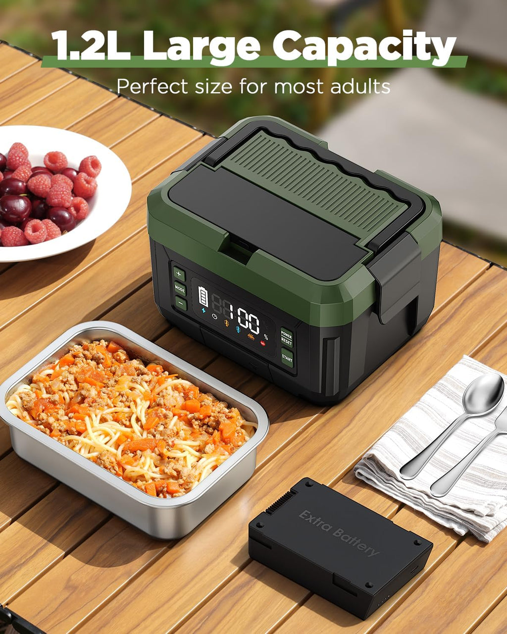 Cordless Electric Lunch Box for Adults – 1.2L Stainless Steel Self-Heating Lunch Box with Dual 20000mAh Removable Rechargeable Batteries, Portable Heated Food Warmer for Work, Travel & Office