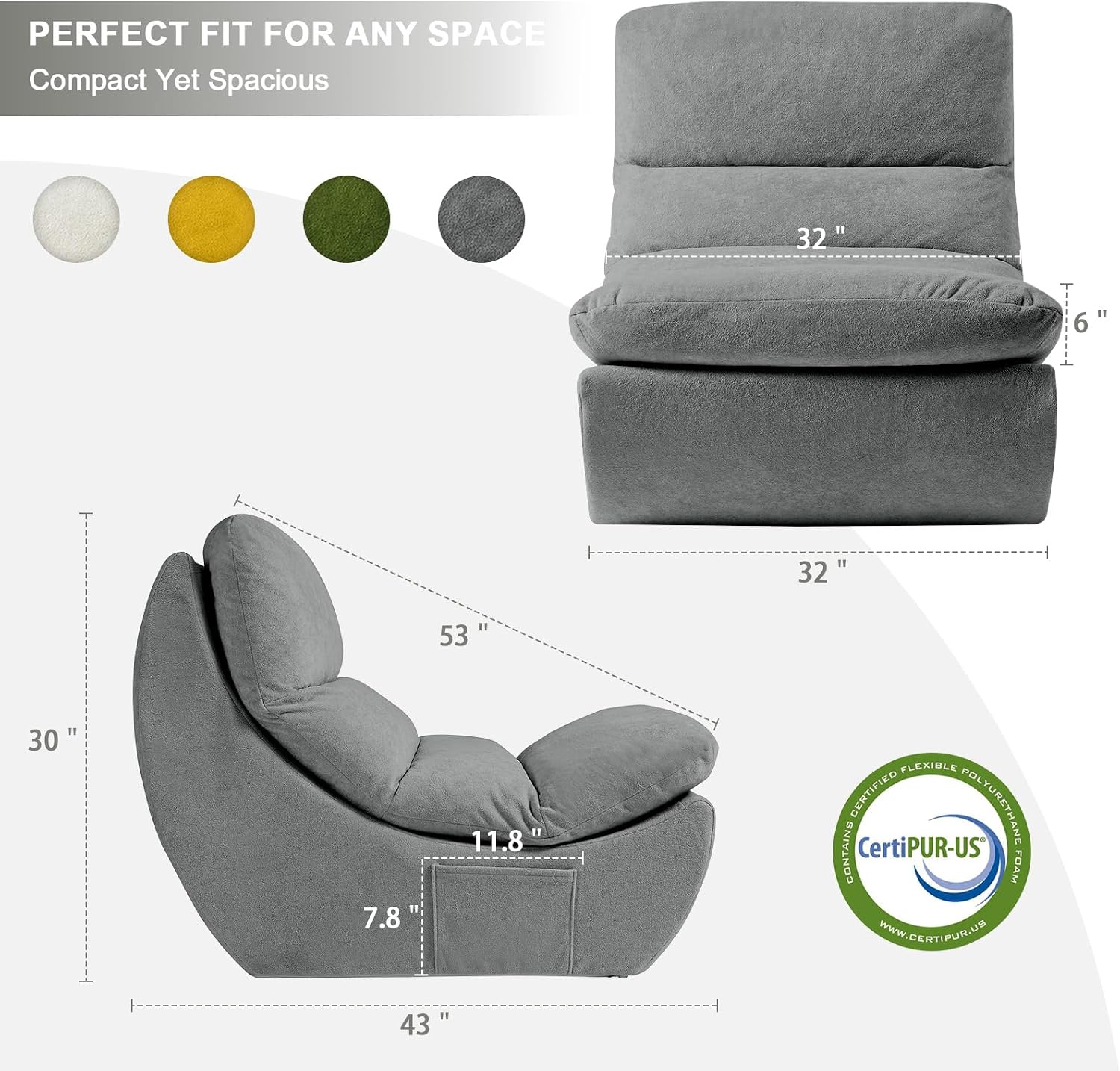 Comfy Reading Chair for Adults, Modular Sectional Sofa Bean Bag Chair, Cloud Boneless Couch Style with High Rebound Foam, Single Seat Compressible Sofa for Living Room & Bedroom, Grey
