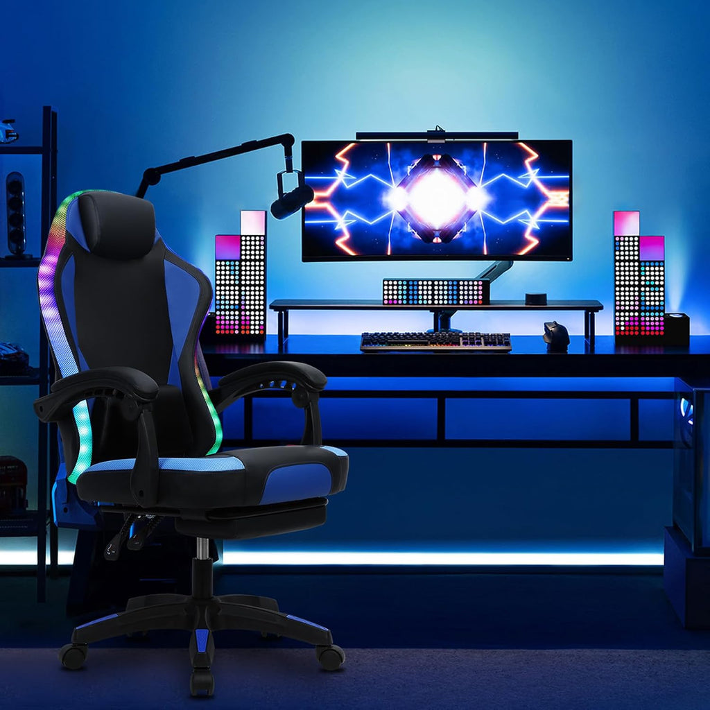 Gaming Chair with LED Lights, Gamer Chair with Height Adjustable, Ergonomic Massage Computer Gaming Chair with Footrest, Video Game Chair with Lumbar Support for Adults