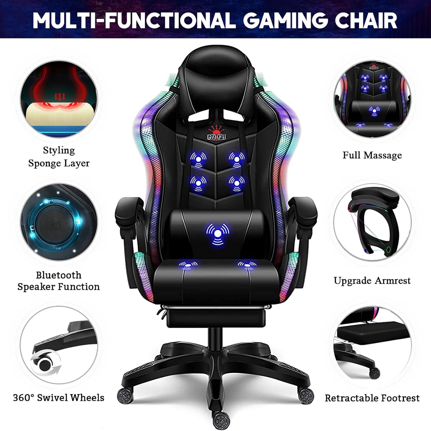 Ergonomic Pro Gaming Chair with Speakers RGB Video Game Chair with Footrest, High Back Massage Computer Chair with Lumbar Support and Headrest Adjustable Height, Gamer Chair for Adult Teens,Red