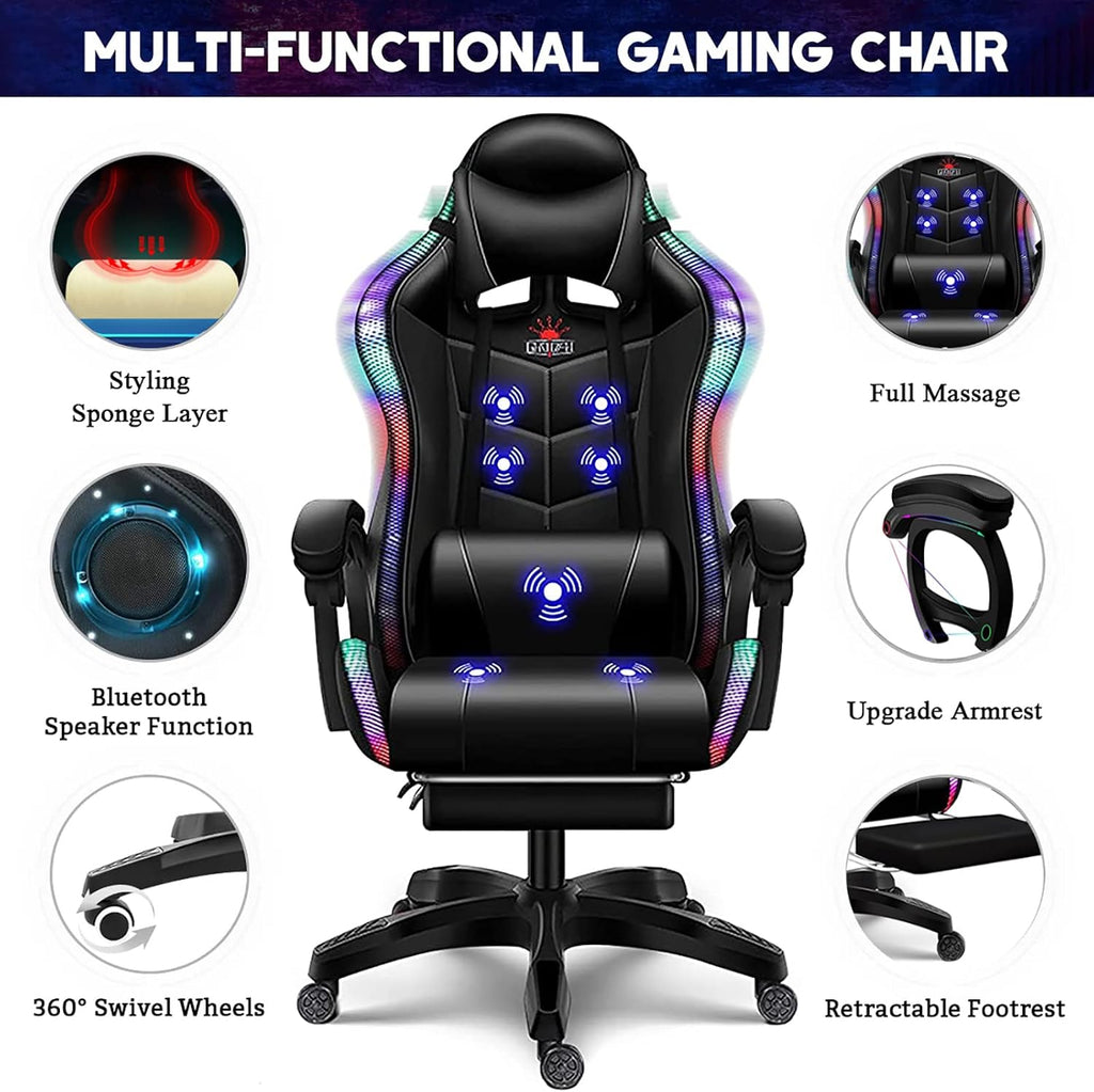 Ergonomic Pro Gaming Chair with Speakers RGB Video Game Chair with Footrest, High Back Massage Computer Chair with Lumbar Support and Headrest Adjustable Height, Gamer Chair for Adult Teens,Pink