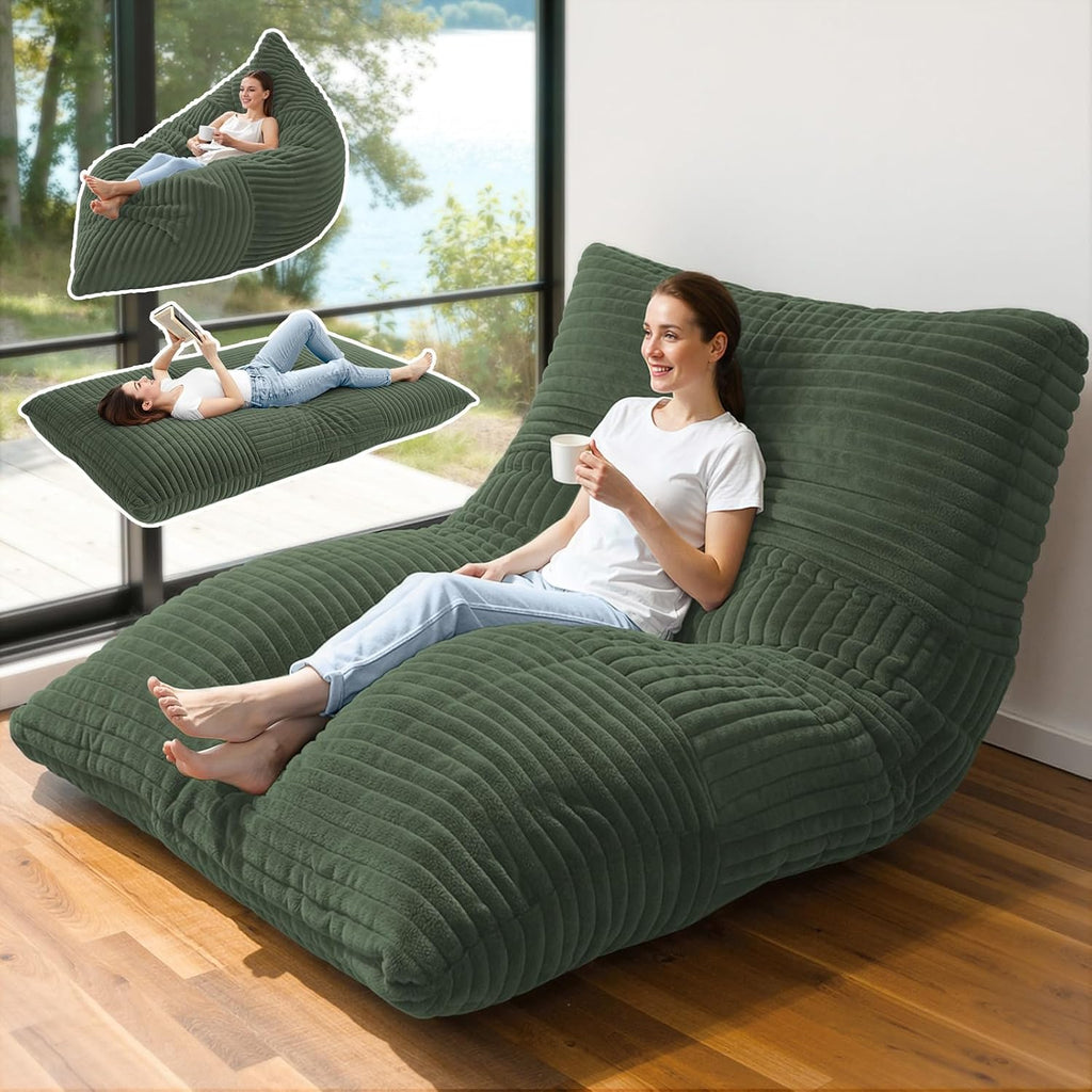3 in 1 Giant Bean Bag Chair, Convertible Bean Bag Bed for Adults and Kids, Oversized Comfy Memory Foam Floor Sofa with Machine Washable Cover for Living Room, Bedroom & Dorm(Green)