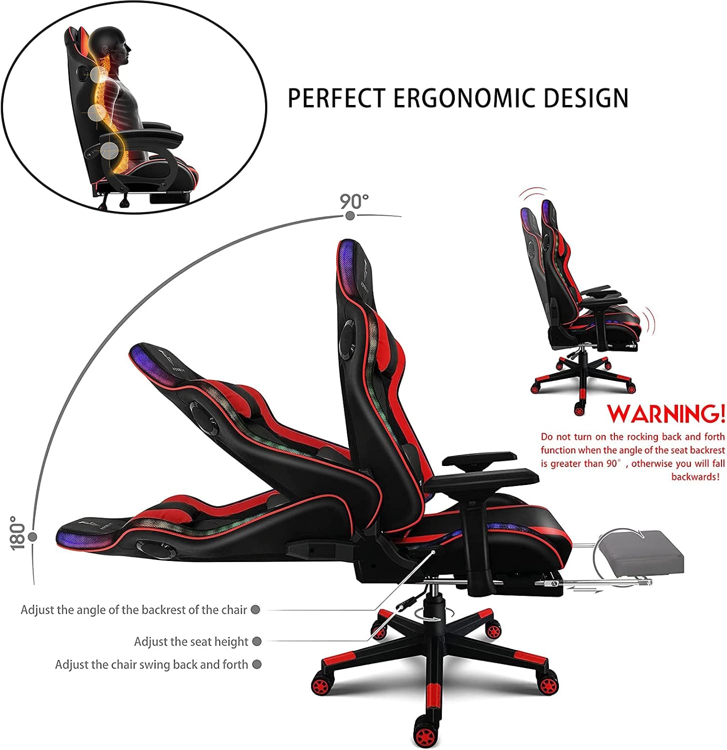Ergonomic Gaming Chair with Speakers and LED Light - Full Massage Lumbar Support, High Back Office Chair - Recliner with Footrest and Lumbar Support, Adults Teens Computer Chair.,White