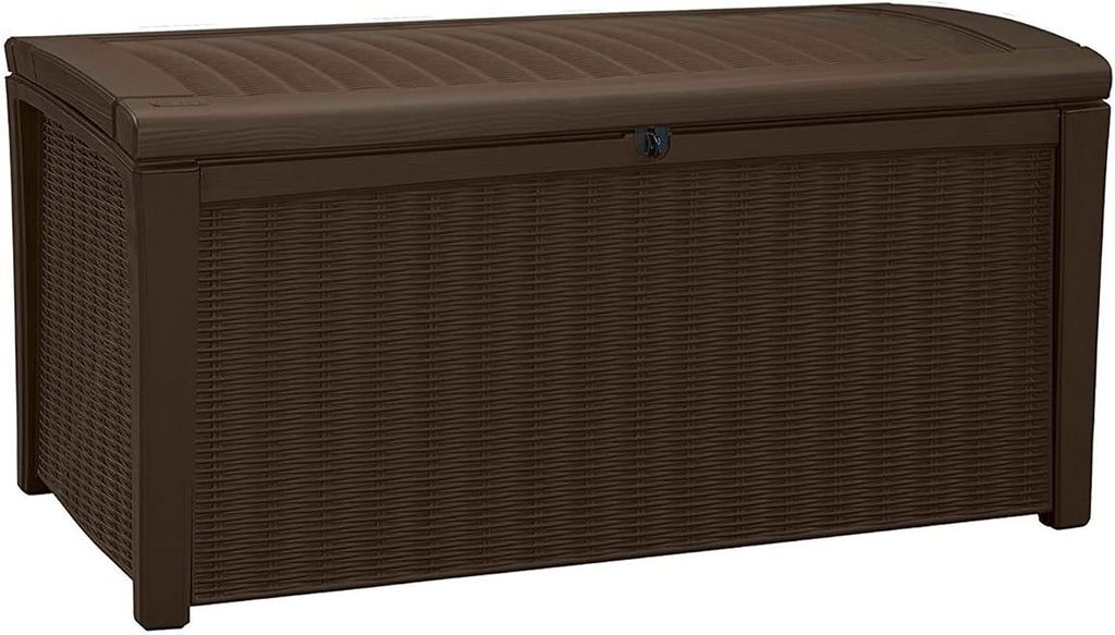 Keter Unity 40 Gallon Stainless Steel Top Grilling Bar Cart with Borneo 110 Gallon Plastic Outdoor Furniture Storage Deck Box, Brown