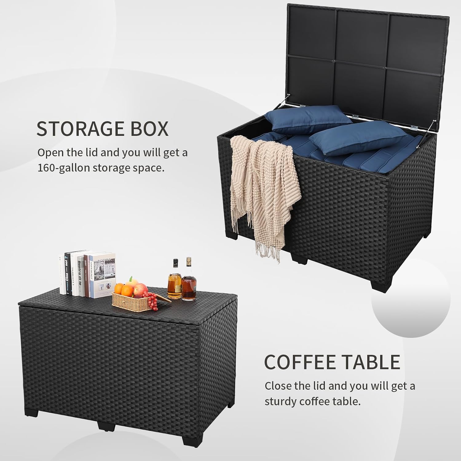 Valita Outdoor Wicker Storage Box, Big Size,Resin Black Rattan Deck Bin with Lid,150 Gallon,Water-resistant Liner Container for Patio Gardening Tools, Cushions, Pool Accessory,Pillows