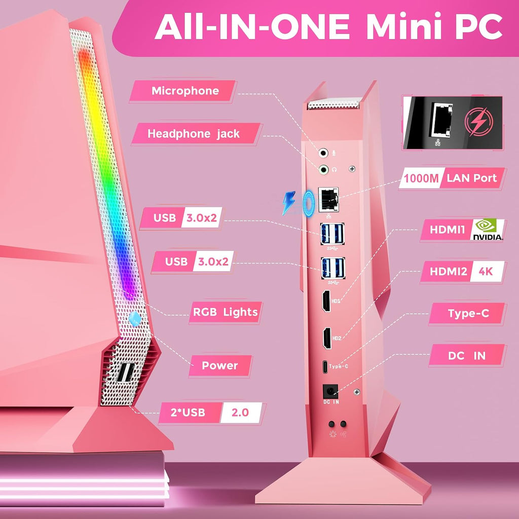 sinbun Mini Gaming PC, in-tel Core i9-9980HK(8C/16T, Max 4.8GHz), GeForce GTX1650 4G RGB Lights Gaming Computer, 16GB RAM 512GB SSD, Triple 4K Display, WiFi 6E BT 5.3, 1G LAN, Windows 11 Pro, Pink