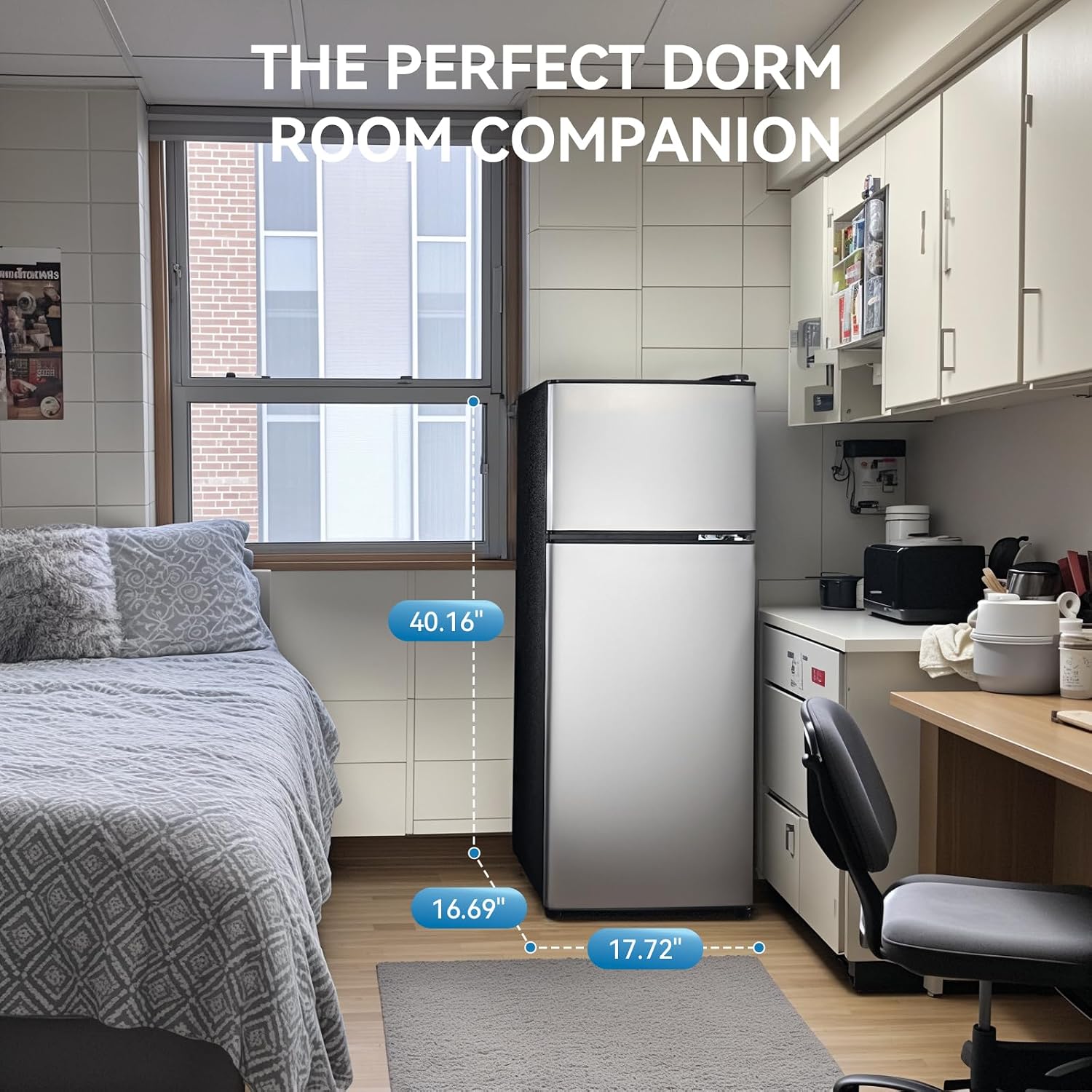 Anypro 4.0 Cu.Ft Fridge with Freezer, Double Door Refrigerator with 6 Level Thermostat, LED Light, Adjustable Glass Shelves for Bedroom, Office, Dorm, Apartment, Silver