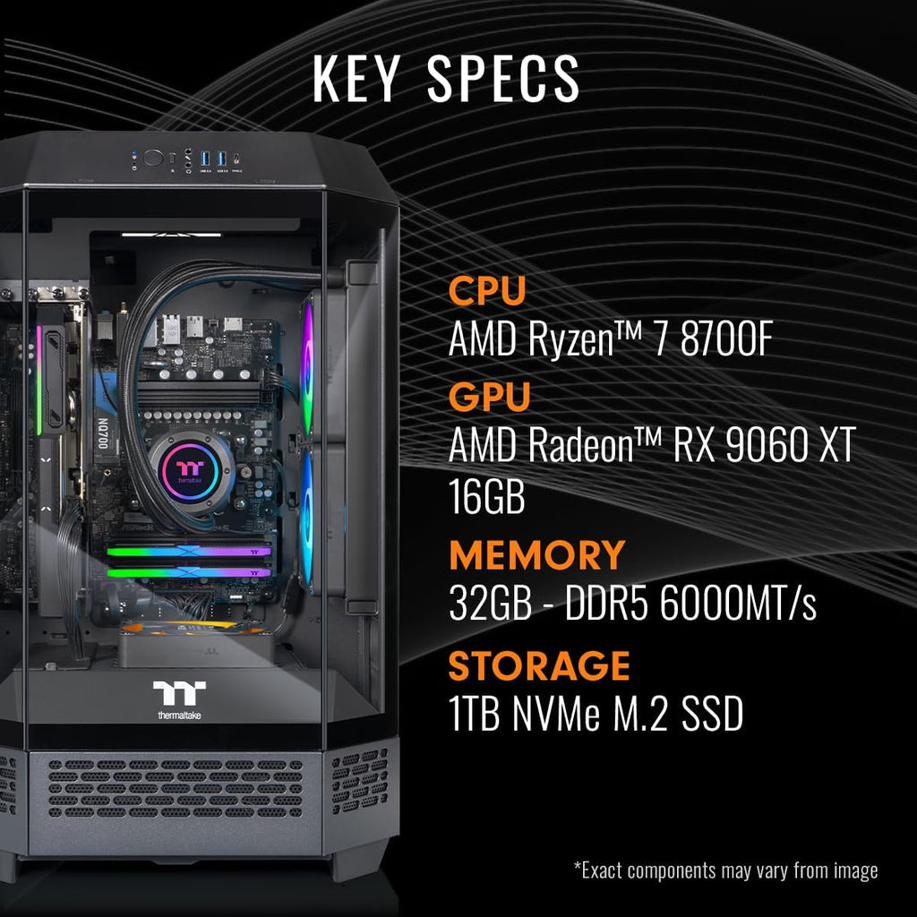 Thermaltake LCGS Reactor 8796X Gaming Desktop (AMD Ryzen™ 7 8700F, 32GB 6000MT/s DDR5 RGB Memory, AMD Radeon™ RX 9060 XT 16GB, 1TB NVMe M.2, WiFi, Windows 11) T3BK-B650-96X-LCS