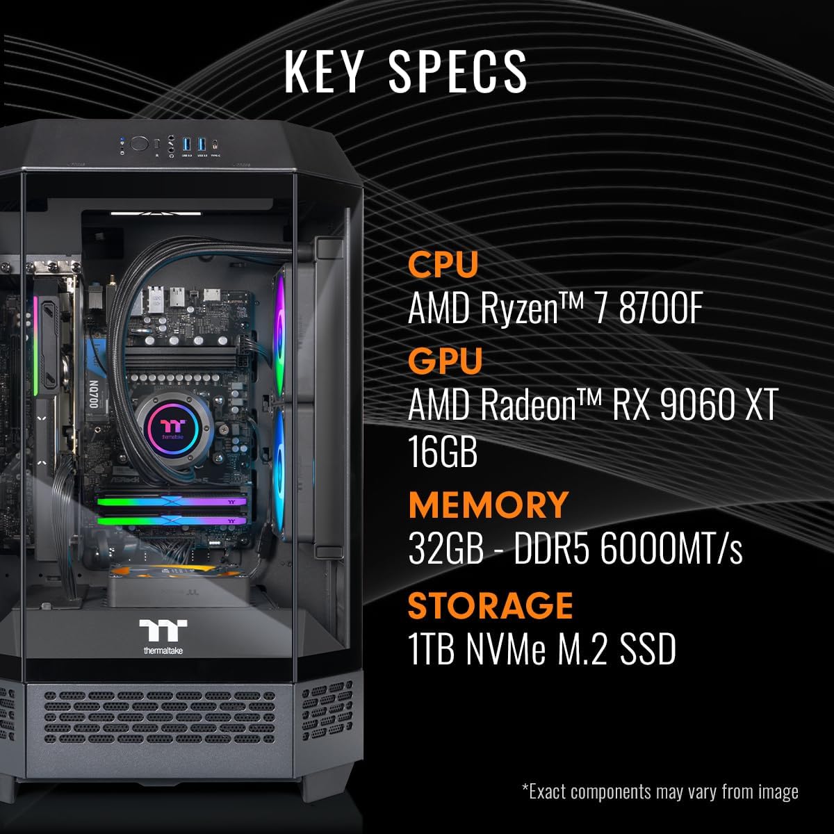 Thermaltake LCGS Reactor 8796X Gaming Desktop (AMD Ryzen™ 7 8700F, 32GB 6000MT/s DDR5 RGB Memory, AMD Radeon™ RX 9060 XT 16GB, 1TB NVMe M.2, WiFi, Windows 11) T3BK-B650-96X-LCS