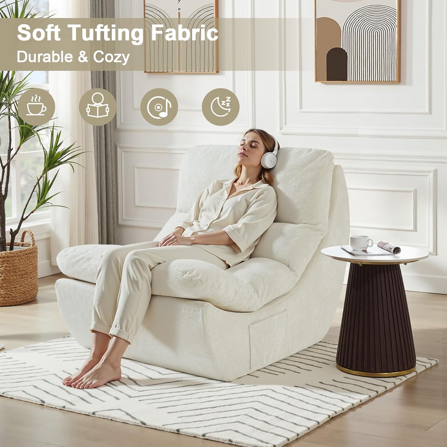 Comfy Reading Chair for Adults, Modular Sectional Sofa Bean Bag Chair, Cloud Boneless Couch Style with High Rebound Foam, Single Seat Compressible Sofa for Living Room & Bedroom, Beige
