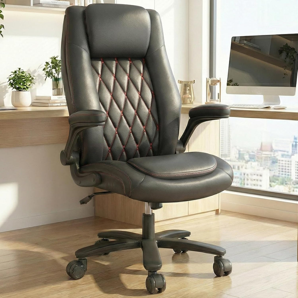GYI High Back Executive Office Chair, Big and Tall Office Desk Chair 400LBS with Lumbar Support, Flip-up Armrests, Rubber Wheels, Black