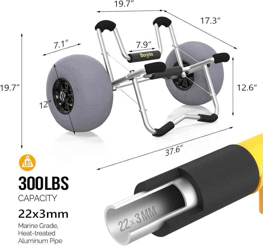 Bonnlo Kayak Cart Trolley Canoe Paddle Board Boat Cart Carrier Dolly with 12' Big Beach Wheels Balloon Kayak Transport Wheels Cart Foldable, Free Pump, 2 Ratchet Straps- Perfect for Soft Sand