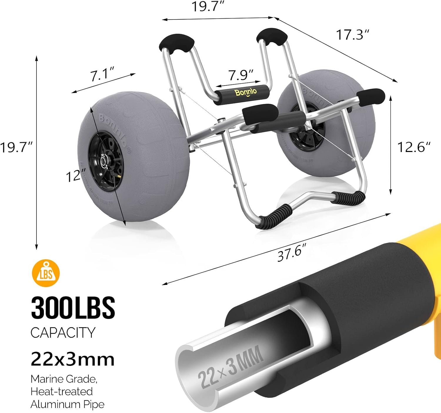 Bonnlo Kayak Cart Trolley Canoe Paddle Board Boat Cart Carrier Dolly with 12' Big Beach Wheels Balloon Kayak Transport Wheels Cart Foldable, Free Pump, 2 Ratchet Straps- Perfect for Soft Sand