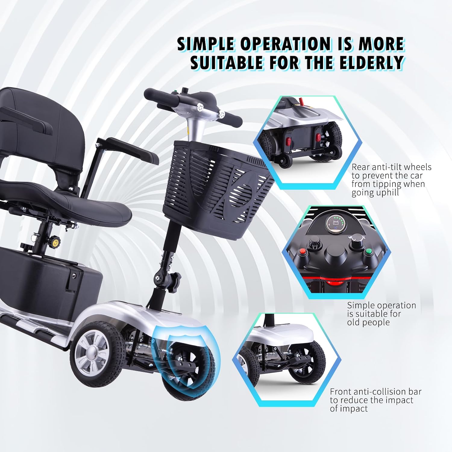 Mobility Scooter for Adults, Senior, 4 Wheels Electric Powered Chargeable Device for Travel, Lightweight and Portable, with LED Headlights and Basket, Charger Included, Red/Blue (Silver/Black)