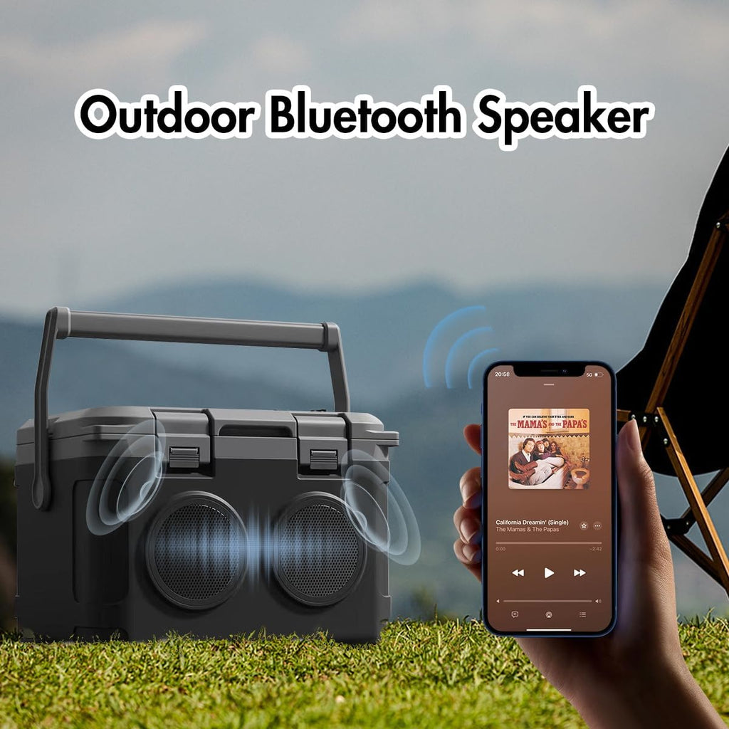 Camp Cooler with Bluetooth Speaker 22 Quart，48 Hours Ice Retention, Portable Handle, Outdoor Camping Cooler for BBQs, Beach, Hiking