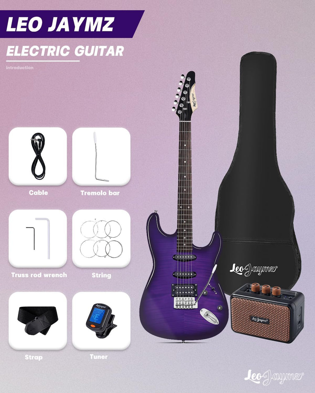 Leo Jaymz 39' Full Size ST Style Electric Guitar Starter Kit with SSH Pickup, 5W Portable Amp, Tuner, Gig Bag, Strap & Accessories (Violet Flame)