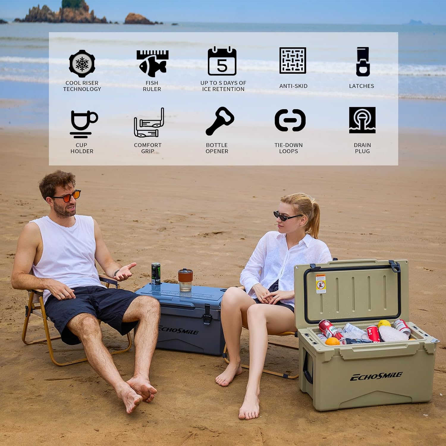 EchoSmile 25/30/35/40/60/75 Quart Rotomolded Cooler, Built to Stand up to The Rigors of The Journey
