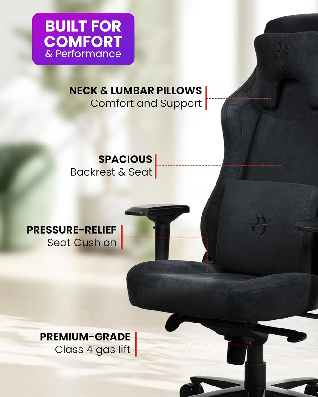 Arozzi Vernazza Supersoft Upholstery Material has a Unique Velvety Texture that is Fluid-Repellant and 3Breathable with Memory Foam Lumbar Support 4D Armrest for Office and Gaming Chair - Pure Black