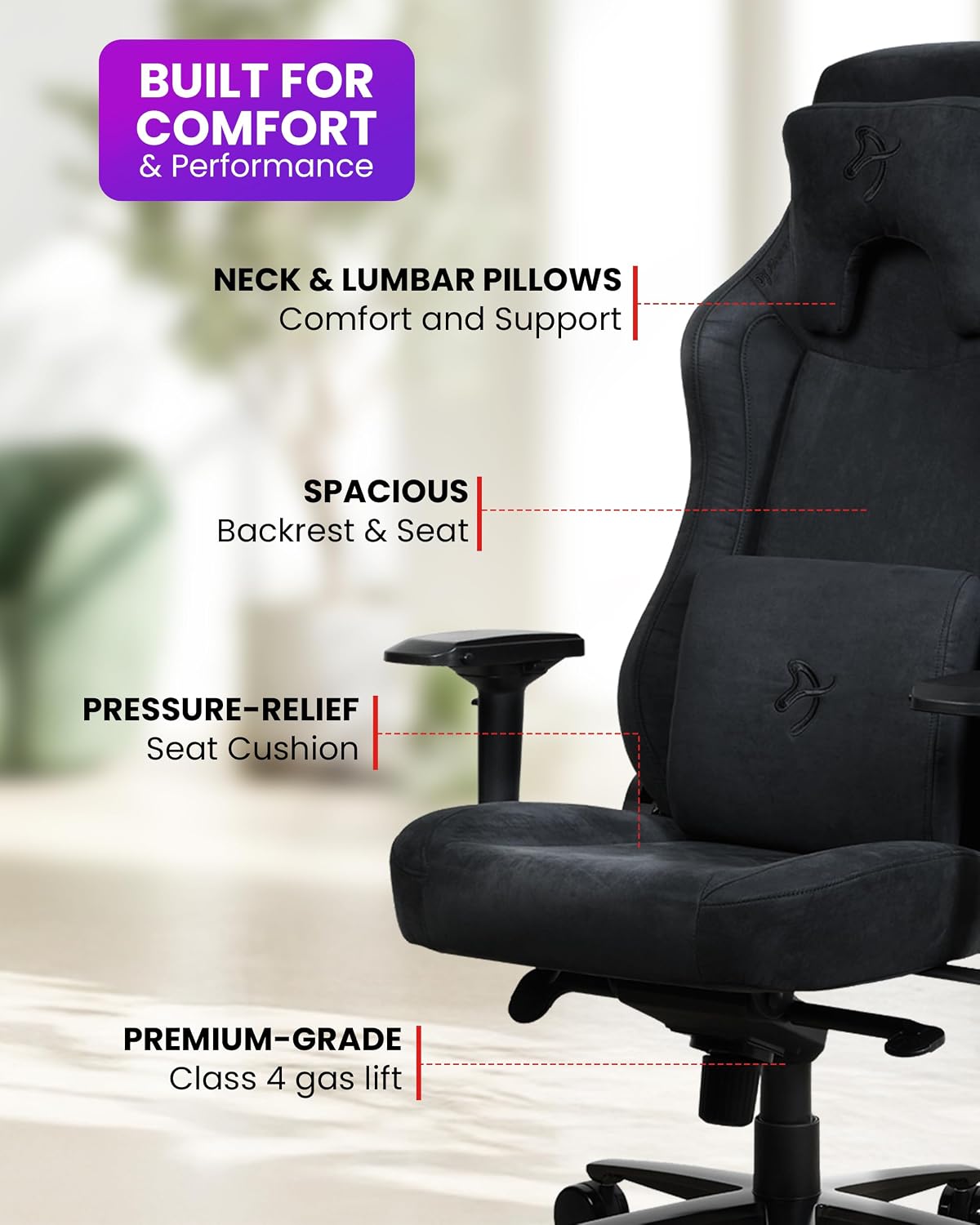 Arozzi Vernazza Supersoft Upholstery Material has a Unique Velvety Texture that is Fluid-Repellant and 3Breathable with Memory Foam Lumbar Support 4D Armrest for Office and Gaming Chair - Pure Black
