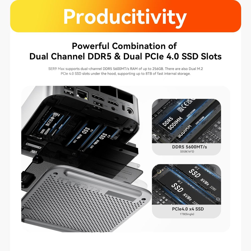 Beelink SER9 MAX Ryzen 7 H 255, 8C/16T, Up to 4.9GHz W11 PRO Mini PC, 64GB DDR5, 1TB NVMe M.2 SSD, 10Gbps LAN/ WiFi6/ BT5.2, Mini Computer Support HDMI 2.1+DP 2.1+USB4 Triple Display