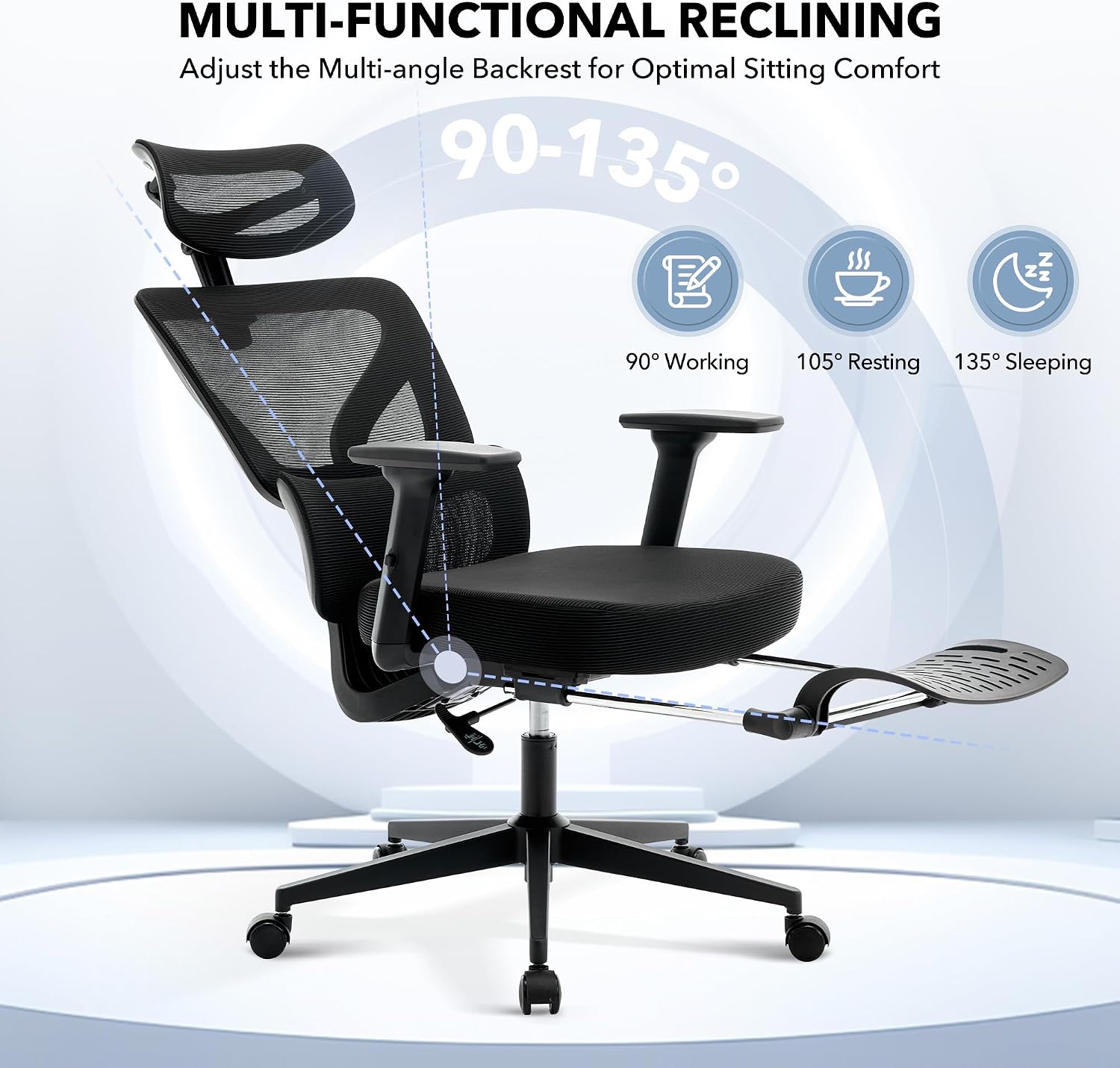 Office Chair Ergonomic Desk Chair - Home Mesh Chair with Adjustable Footrest Lumbar Support, High-Back Computer Gaming Chair with Headrest 3D Armrests, Rolling Swivel Task Chairs for Home, Office