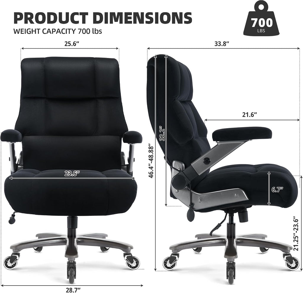 VUZI 700LBS Large Heavy Duty Office Chair with 3D Flip Arms, Big and Tall Plus Size Fabric Executive Desk Chairs, High Back Extra Wide Computer Chair with Adjustable Lumbar Support, Sturdy Metal Base