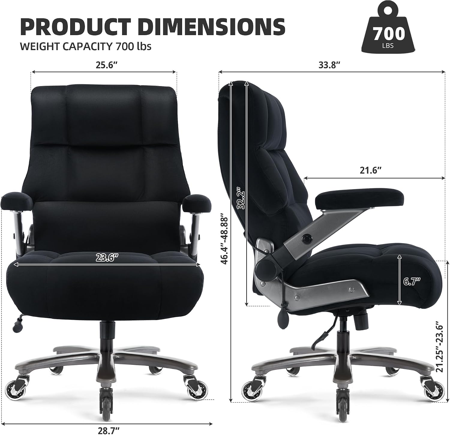 VUZI 700LBS Large Heavy Duty Office Chair with 3D Flip Arms, Big and Tall Plus Size Fabric Executive Desk Chairs, High Back Extra Wide Computer Chair with Adjustable Lumbar Support, Sturdy Metal Base