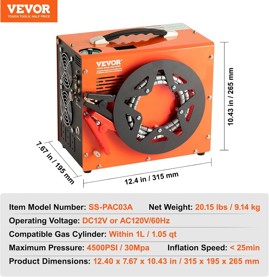 VEVOR PCP Air Compressor, 4500PSI/30Mpa Portable PCP Airgun Compressor with Built-in Power Converter, Auto-Stop | DC12V/AC120V | Oil & Water-Free Air Rifle, Paintball and Scuba Tank Compressor Pump