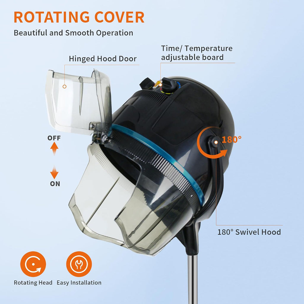 JupiterForce Professional Hooded Floor Hair Dryer 1300W Adjustable Stand Up Bonnet Hair Dryer with Rolling Wheels for Home Salon Spa Beauty Equipment, Black