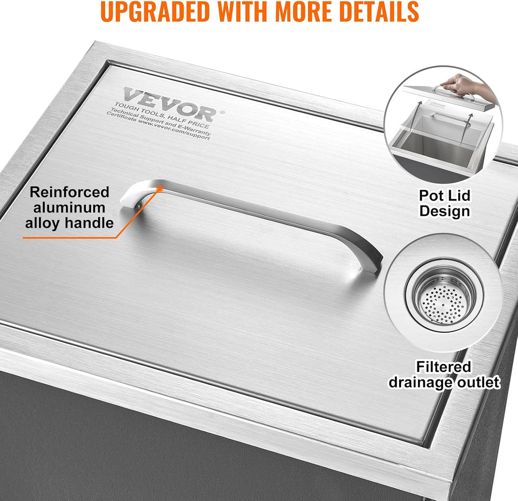 VEVOR Drop in Ice Chest, 14' L x 12' W x 18' H Stainless Steel Ice Cooler, Commercial Ice Bin with Cover, 40 qt Outdoor Kitchen Ice Bar, Drain-Pipe and Drain Plug Included, for Cold Wine Beer