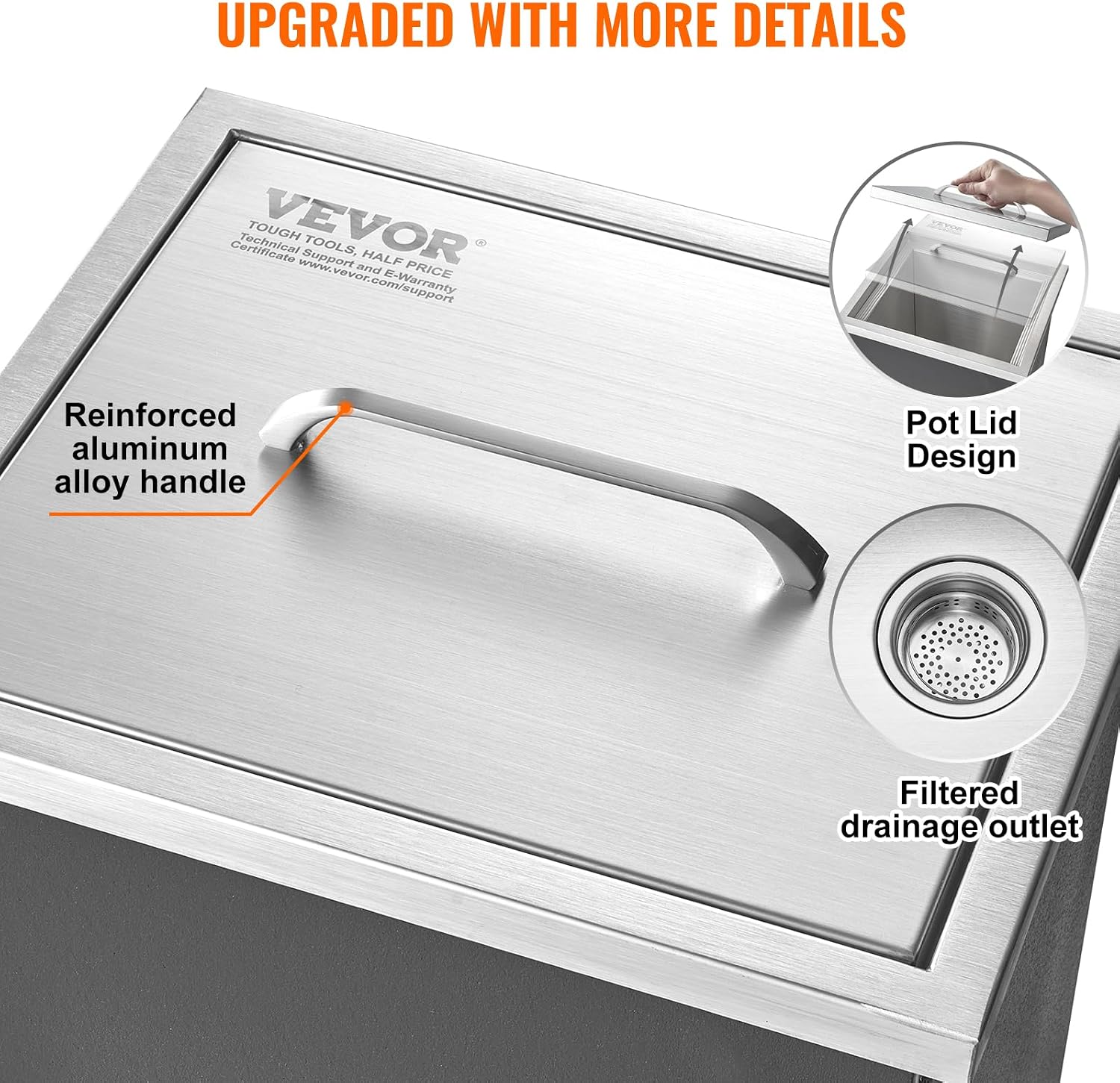 VEVOR Drop in Ice Chest, 14' L x 12' W x 18' H Stainless Steel Ice Cooler, Commercial Ice Bin with Cover, 40 qt Outdoor Kitchen Ice Bar, Drain-Pipe and Drain Plug Included, for Cold Wine Beer