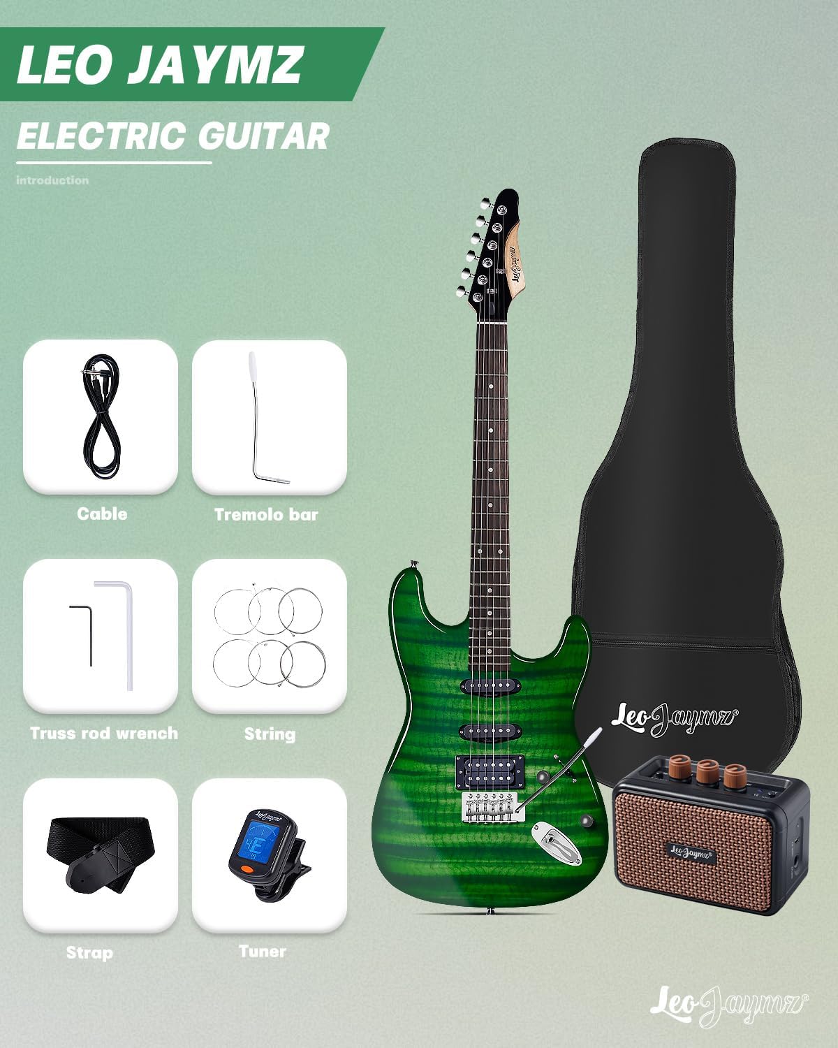 Leo Jaymz 39' Full Size ST Style Electric Guitar Starter Kit with SSH Pickup, 5W Portable Amp, Tuner, Gig Bag, Strap & Accessories (Green Flame)