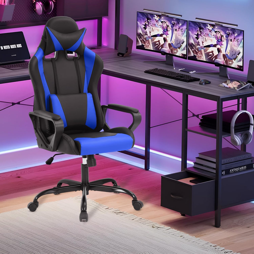 Dopinmin PU Leather Ergonomic Gaming Chair Esports Computer Chair Boss Chair with Lumbar Cushion and Retractable Footrest Video Game Chair for Streaming,Blue