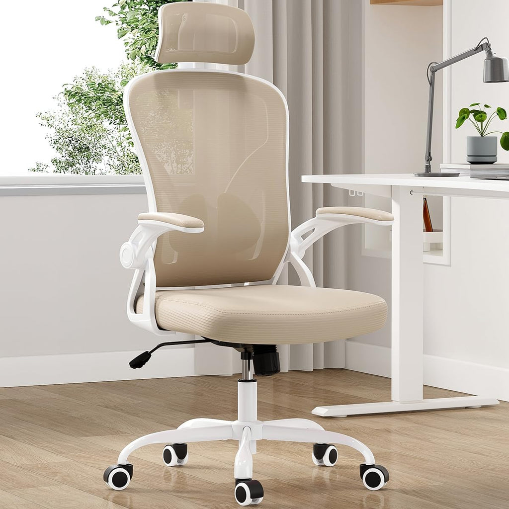 Farini Ergonomic Office Chair, Home Office Desk Chair with Headrest, High Back Swivel Computer Chair with Armrests and Adjustable Lumbar Support for Home Office Study Room, White & Khaki