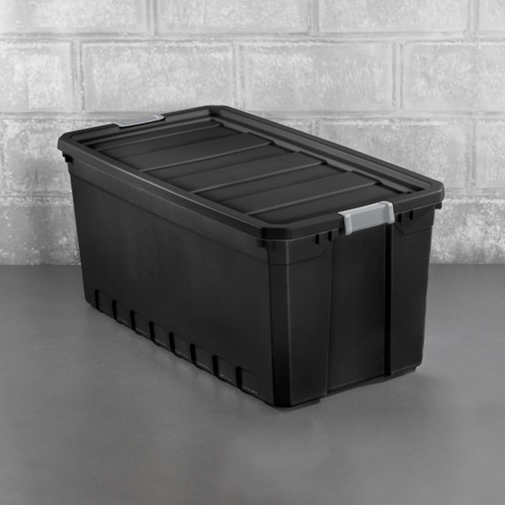 Sterilite 6-Pack Plastic Storage Bins with Lids, Stackable Containers, 50 Gallon, Black
