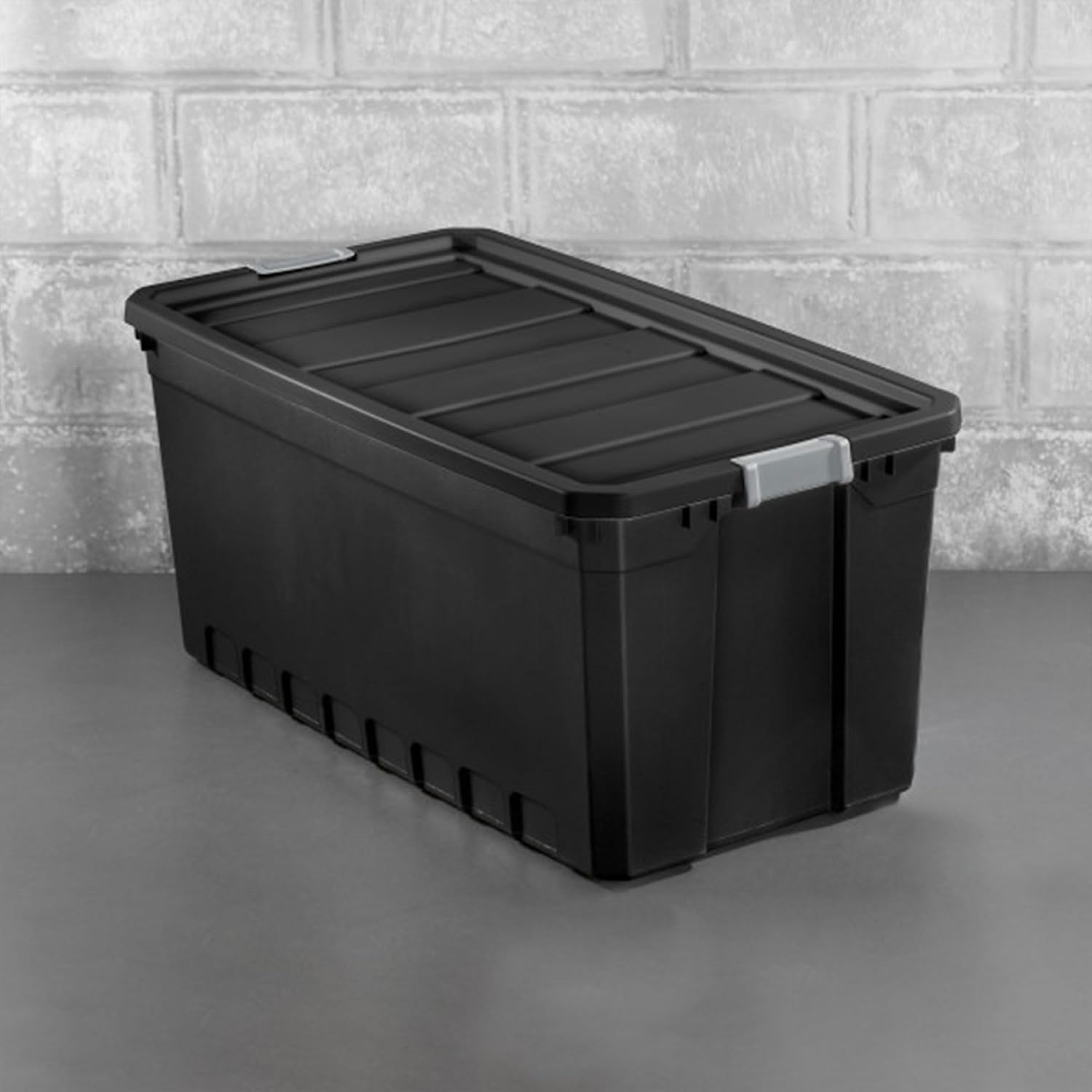 Sterilite 9-Pack Plastic Storage Bins with Lids, Stackable Containers, 50 Gallon, Black