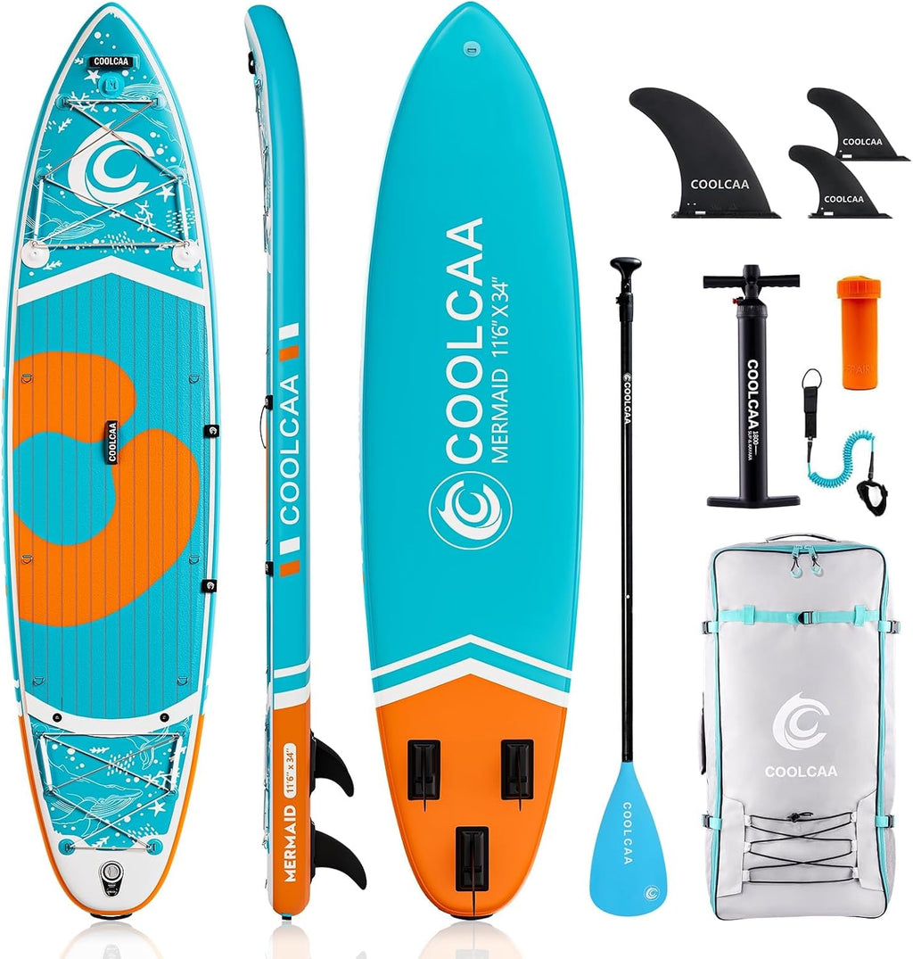 COOLCAA Mermaid 11'6' x 34' Extra Wide Inflatable Paddle Board, 490Lbs Capacity, Stable SUP for Family and Beginners, Perfect for Fishing & Water Activities, with Accessories & Backpack