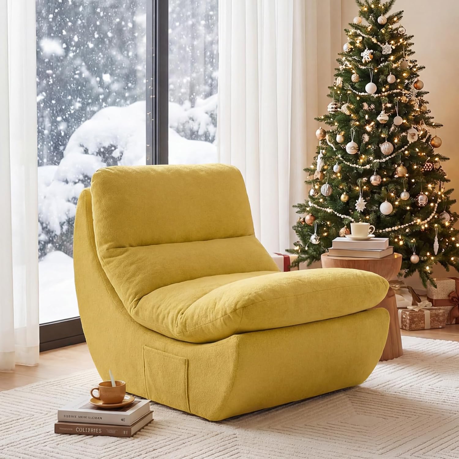 Comfy Reading Chair for Adults, Modular Sectional Sofa Bean Bag Chair, Cloud Boneless Couch Style with High Rebound Foam, Single Seat Compressible Sofa for Living Room & Bedroom, Yellow