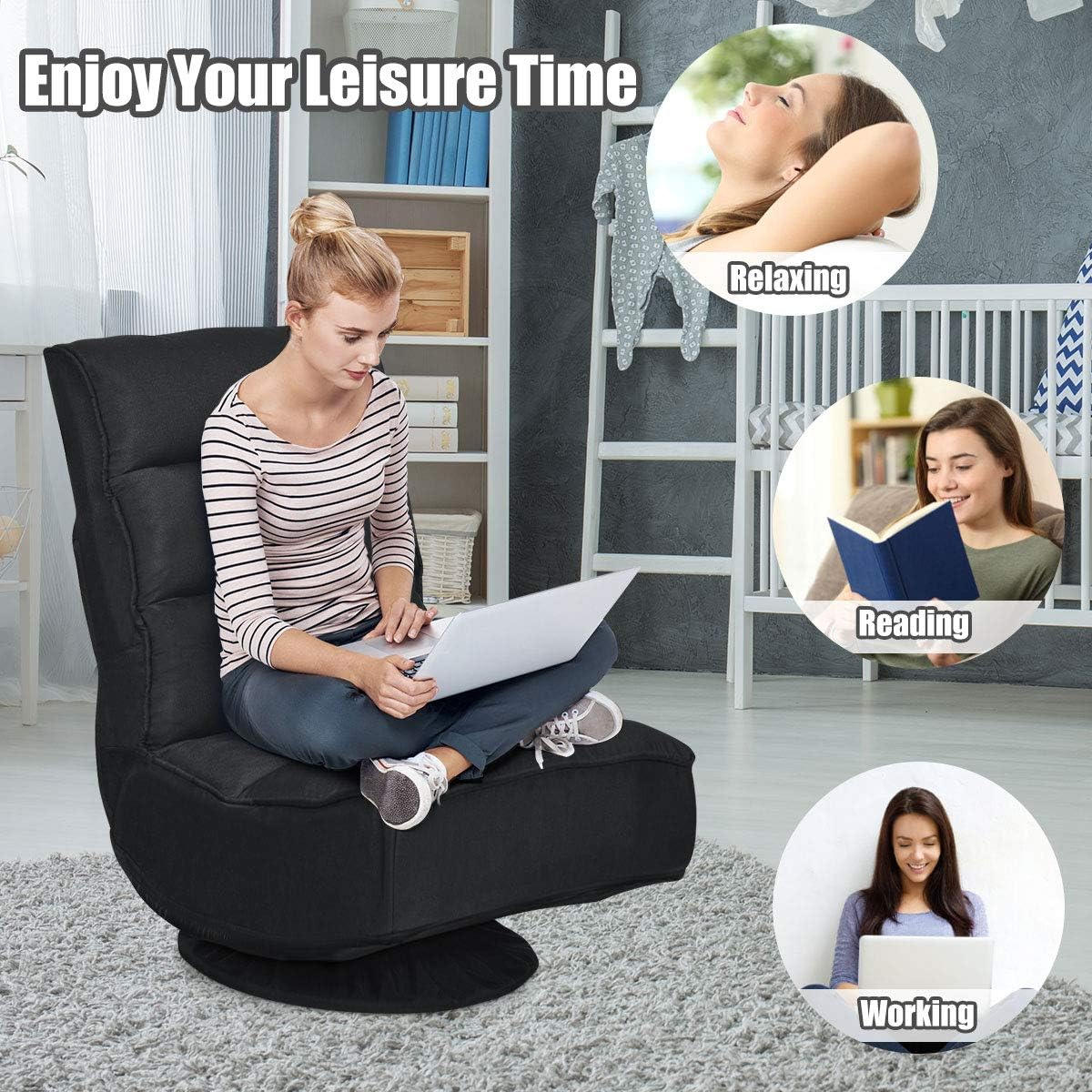 Giantex 360 Degree Swivel Floor Chair, Folding Floor Gaming Chair with 6 Positions Adjustable, Lazy Sofa Lounge Chair w/Tufted Back Support, Video Gaming Chair for Reading TV Watching (Black)