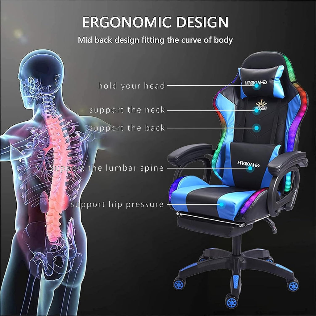 Video Gaming Chair with Footrest,Game Chair with Bluetooth Speakers,Computer Chair with LED Lights,Ergonomic Massage Gaming Chair with Massage Function,360°Swivel 90°-135° Adjustment Backrest (Blue)