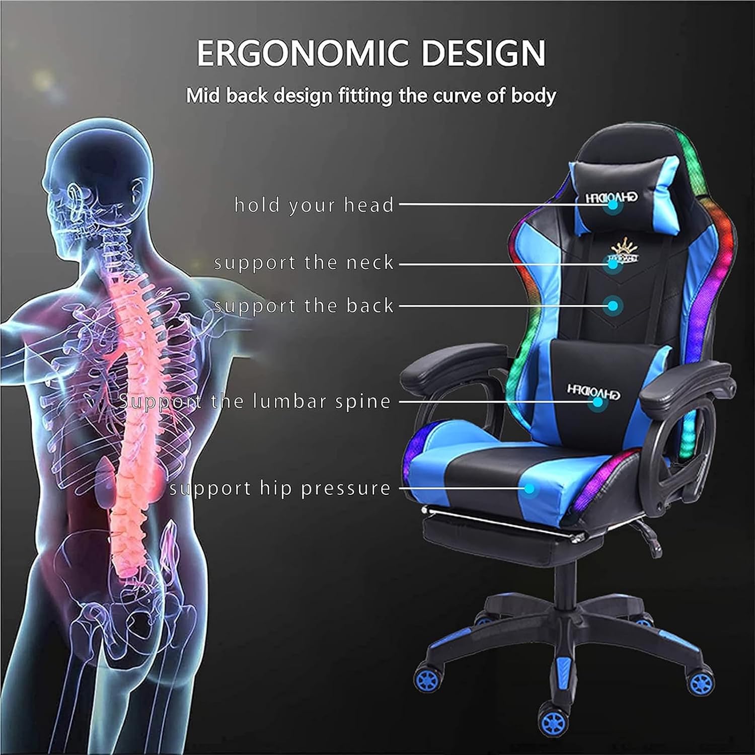 Gaming Chair with Bluetooth Speakers,Computer Chair Massage with LED Lights,Ergonomic Game Chair,Computer Stool with Footrest and Lumbar Support Height Adjustable with 360°-Swivel Seat (Blue)