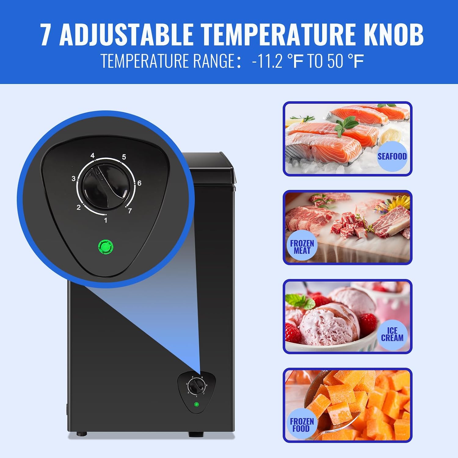 WANAI Chest Freezer Deep Mini Freezer with Compact Capacity Fast Freezing Freezers for Home Office Dorm with 2 Removable Basket Adjustable Feet, 7 Temp Control from -11.2 ℉ to 50 ℉ Black