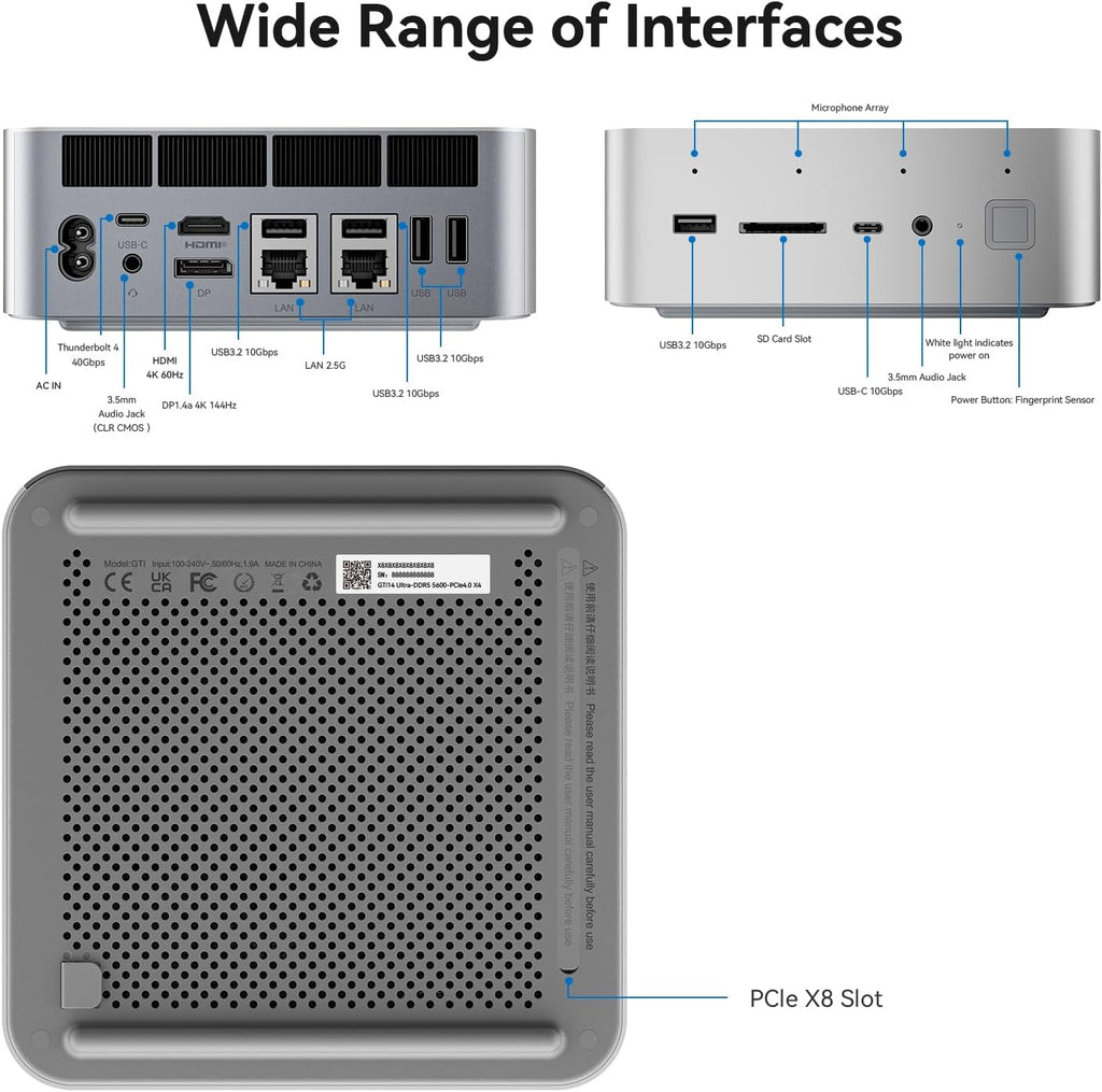 Beelink GTi14 Mini PC, Intel Ultra 9 185H (up to 5.1GHz) 16C/22T, Mini Computer 32GB DDR5 1TB PCIe4.0 SSD, Triple Display HDMI&DP/Thunderbolt 4/WiFi6/BT5.2/NPU/4K 60Hz/Support AI/W-11 Pro