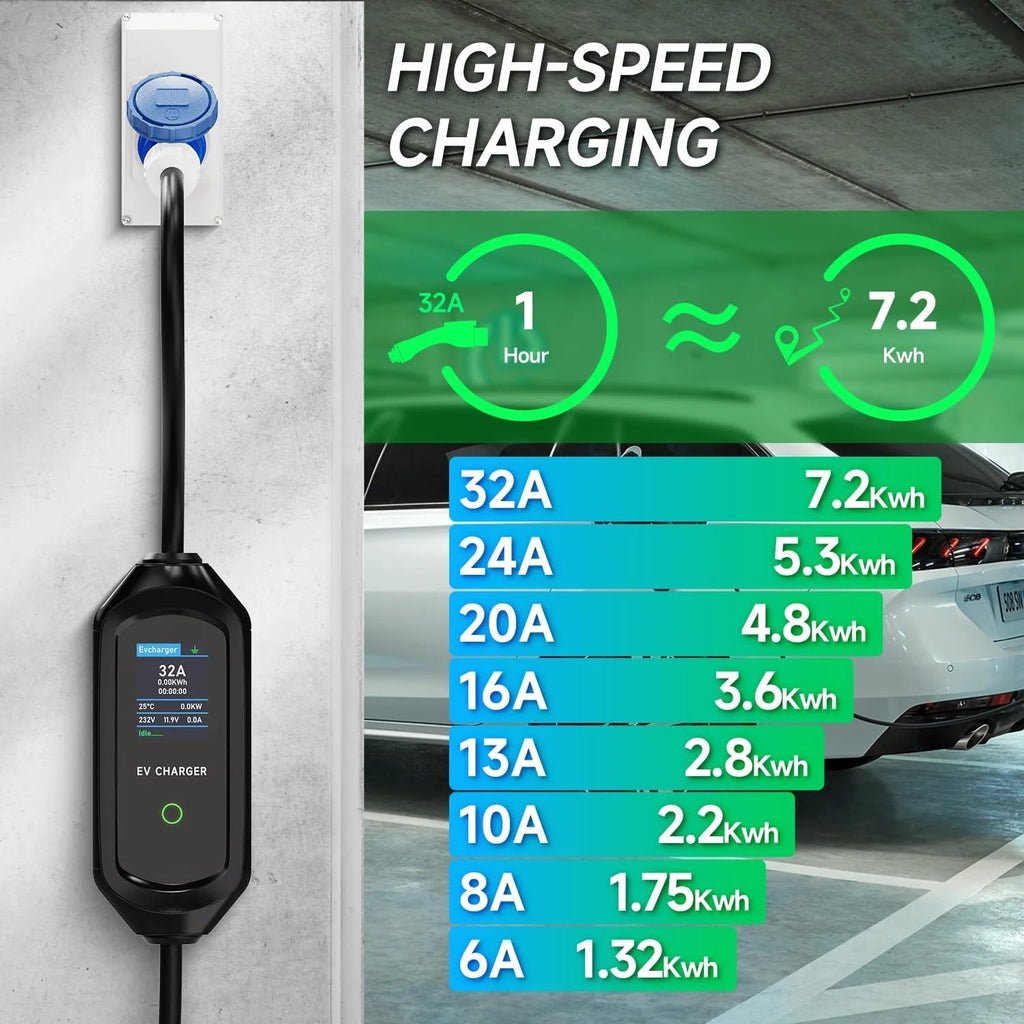 7.2kW Type 2 Charging Cable, 6/8/10/13/16/20/24/32A Adjustable Current, Charging Cable Electric car Type 2, EV Charger with Bag, 6M