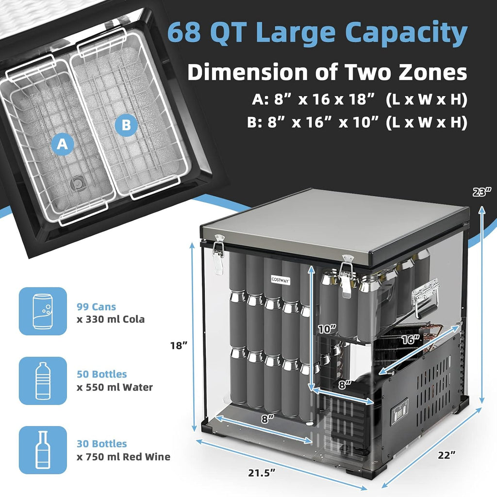 COSTWAY 68-Quart Car Refrigerator, Portable Chest Freezer(-11℉- 50℉) with 12V/24V DC & 110V/240V AC Adapter, Electric Compressor Fridge Cooler for Vehicles, Truck, RV, Camping, Traveling, Grey
