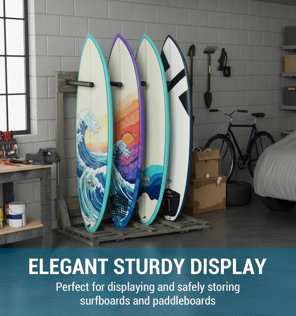 MyGift 4-Ft Tall Rustic Burnt Wood Freestanding Vertical Surfboard Rack, Wakeboard SUP Paddleboard Storage Rack - Holds up to 4 Boards
