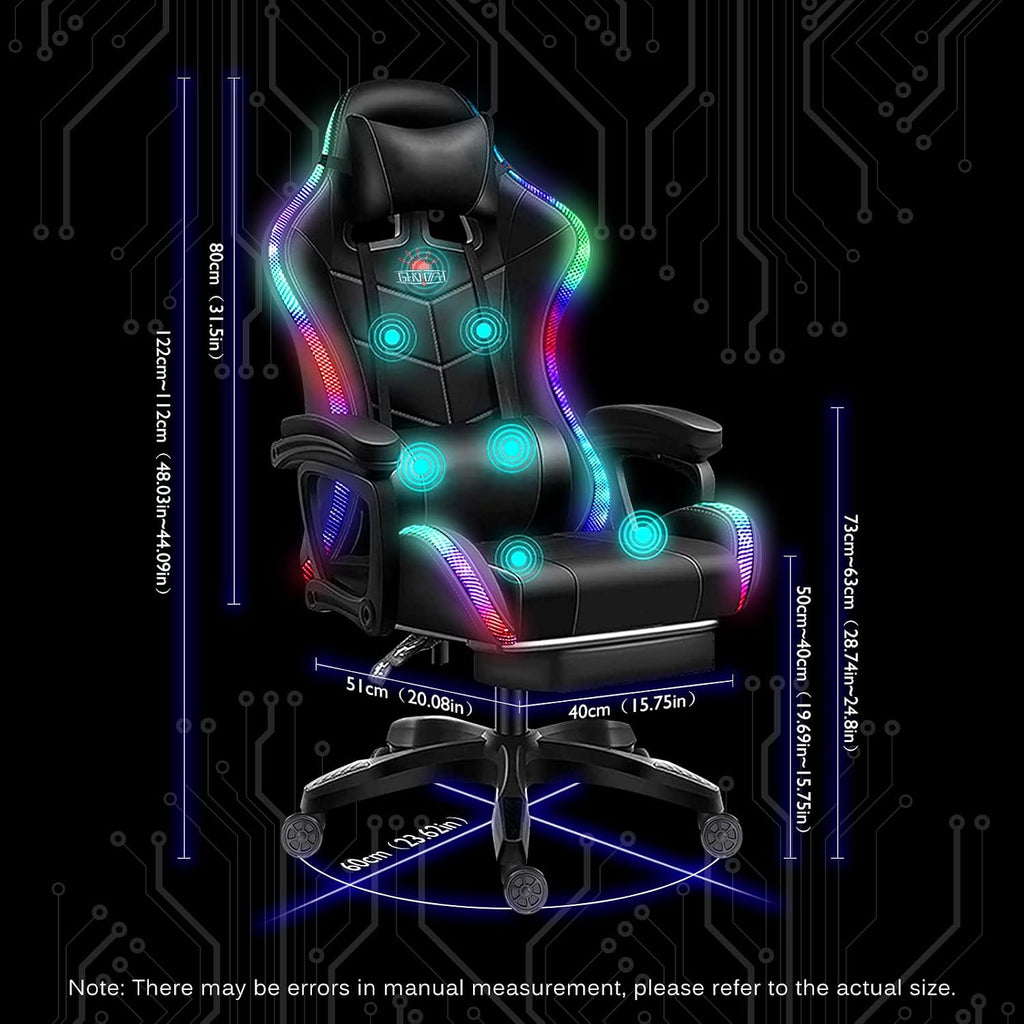 Gaming Chair with LED Light,High Back Office Chair with Speakers,Seven Point Massage Computer Chair, Ergonomic Racing Chair,PU Leather Recliner with Lumbar Support Headrest Armrest and Foo