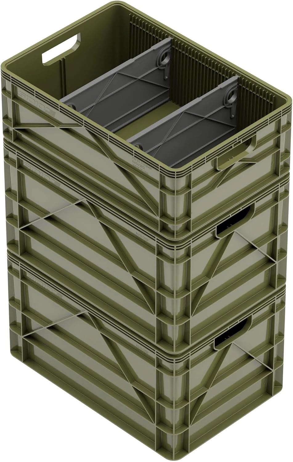 SIDIO Crate Basic Pack - 2 Full-Size & 1 Half-Size Heavy Duty Stackable Storage Bins, Totes and Containers with Dividers - Durable Plastic Organizer for Home, Office, Garage, and Outdoor Use, Green